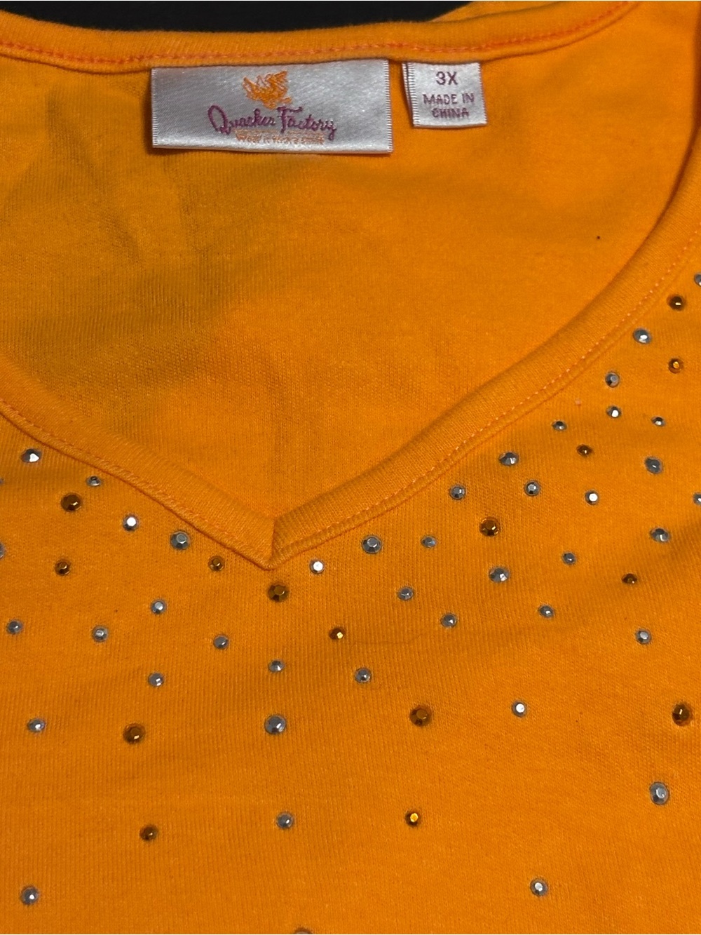 Quacker Factory Women’s 3X Orange Rhinestone V-Neck 3/4 Sleeve Knit Top Plus Sz - Picture 3 of 4